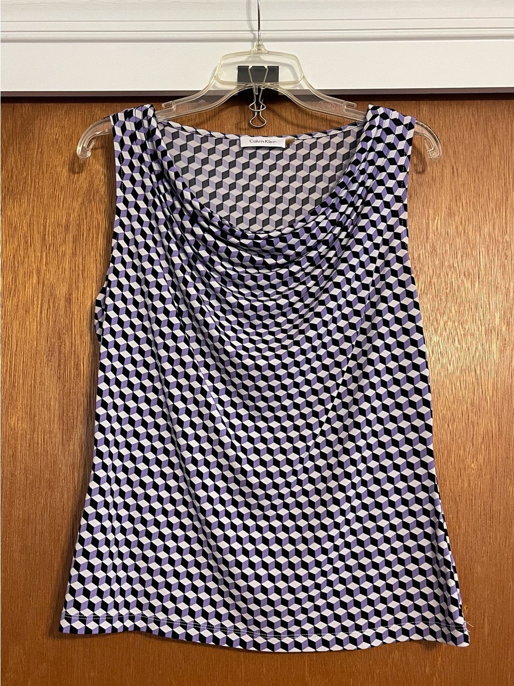 Calvin Klein Black and Purple Geometric Cowl Neck Blouse - Size Large